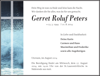 Traueranzeige von Gerret Roluf Peters von Der Insel-Bote