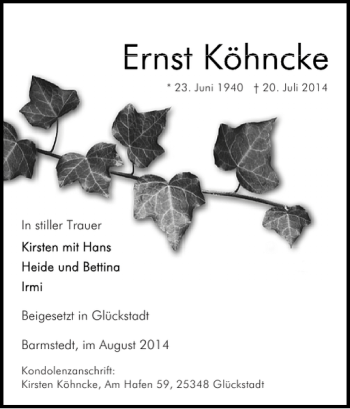 Traueranzeige von Glückstadt Barmstedt im August von Norddeutsche Rundschau