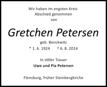 Traueranzeige von Gretchen Petersen von Flensburger Tageblatt
