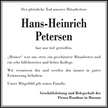 Traueranzeige von Hans-Heinrich Petersen von Husumer Nachrichten