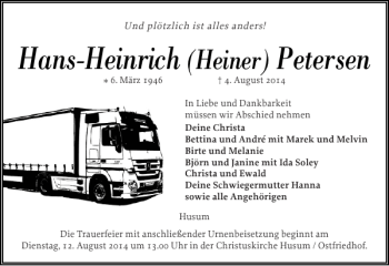 Traueranzeige von Hans-Heinrich Petersen von Husumer Nachrichten