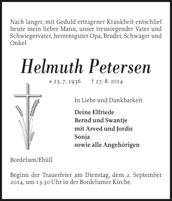Traueranzeige von Helmuth Petersen von Husumer Nachrichten