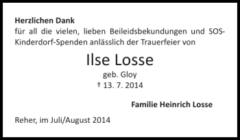 Traueranzeige von Ilse Losse von Norddeutsche Rundschau