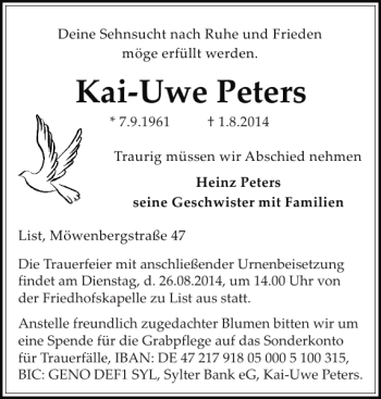 Traueranzeige von Kai-Uwe Peters von Sylter Rundschau
