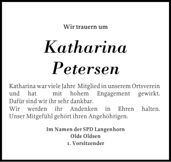 Traueranzeige von Katharina Petersen von Husumer Nachrichten