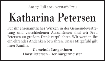 Traueranzeige von Katharina Petersen von Husumer Nachrichten