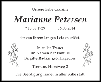 Traueranzeige von Marianne Petersen von Sylter Rundschau