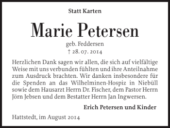Traueranzeige von Marie Petersen von Husumer Nachrichten