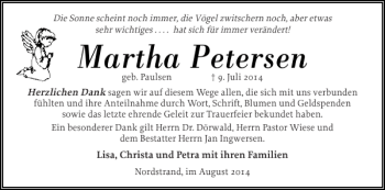Traueranzeige von Martha Petersen von Husumer Nachrichten