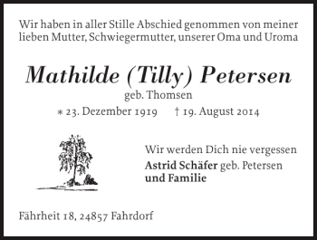 Traueranzeige von Mathilde Tilly Petersen von Schleswiger Nachrichten
