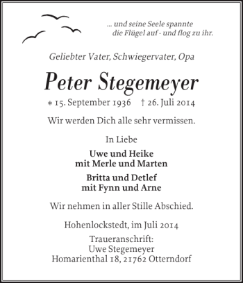 Traueranzeige von Peter Stegemeyer von Norddeutsche Rundschau