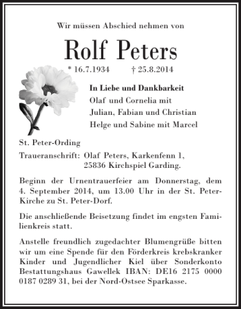 Traueranzeige von Rolf Peters von Husumer Nachrichten