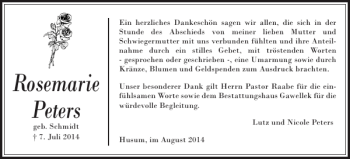 Traueranzeige von Rosemarie Peters von Husumer Nachrichten