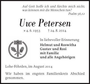 Traueranzeige von Uwe Petersen von Landeszeitung