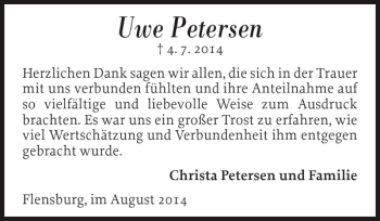 Traueranzeige von Uwe Petersen von Flensburger Tageblatt
