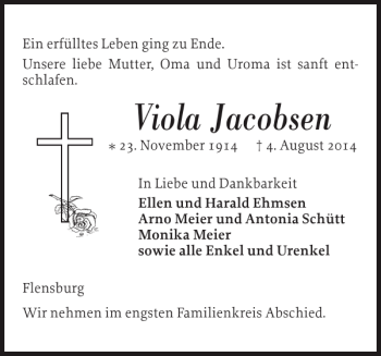 Traueranzeige von Viola Jacobsen von Flensburger Tageblatt