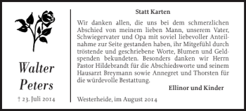 Traueranzeige von Walter Peters von Der Insel-Bote