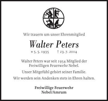 Traueranzeige von Walter Peters von Der Insel-Bote