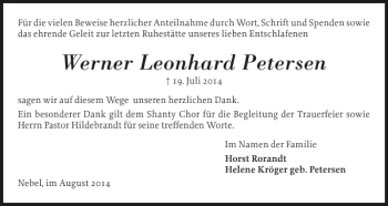 Traueranzeige von Werner Leonhard Petersen von Der Insel-Bote
