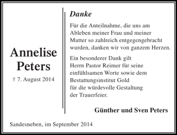 Traueranzeige von Annelise Peters von Stormarner Tageblatt