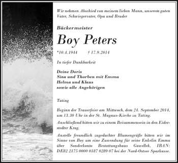 Traueranzeige von Boy Peters von Husumer Nachrichten