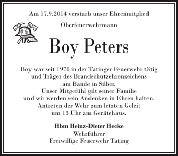 Traueranzeige von Boy Peters von Husumer Nachrichten
