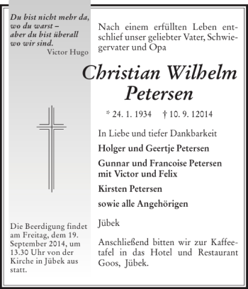 Traueranzeige von Christian Wilhelm Petersen von Schleswiger Nachrichten