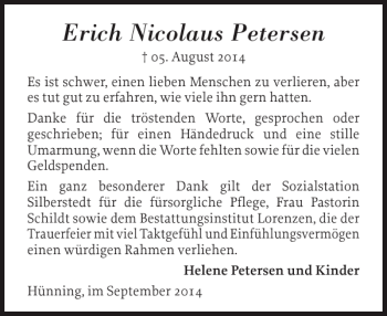 Traueranzeige von Erich Nicolaus Petersen von Schleswiger Nachrichten
