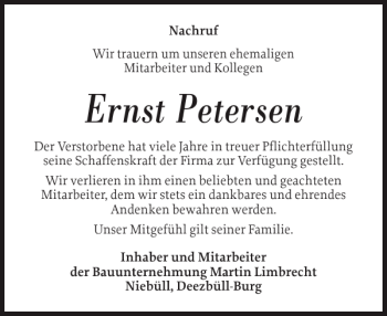 Traueranzeige von Ernst Petersen von Nordfriesland Tageblatt