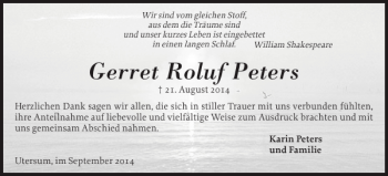 Traueranzeige von Gerret Roluf Peters von Der Insel-Bote