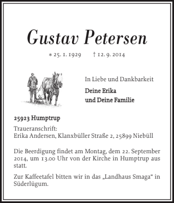 Traueranzeige von Gustav Petersen von Nordfriesland Tageblatt