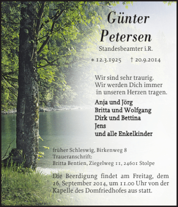 Traueranzeige von Günter Petersen von Schleswiger Nachrichten