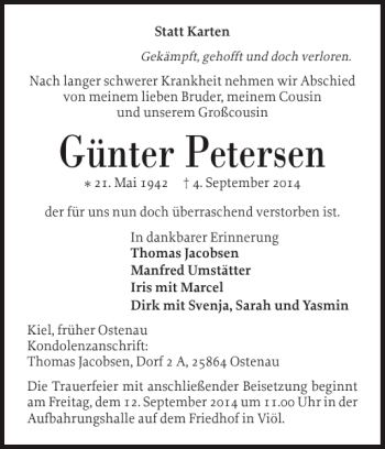 Traueranzeige von Günter Petersen von Husumer Nachrichten