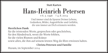 Traueranzeige von Hans-Heinrich Petersen von Husumer Nachrichten