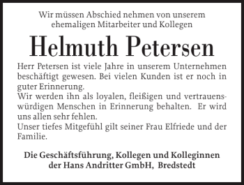 Traueranzeige von Helmuth Petersen von Husumer Nachrichten