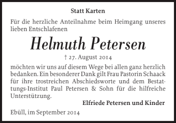 Traueranzeige von Helmuth Petersen von Husumer Nachrichten