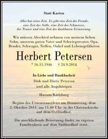 Traueranzeige von Herbert Petersen von Husumer Nachrichten