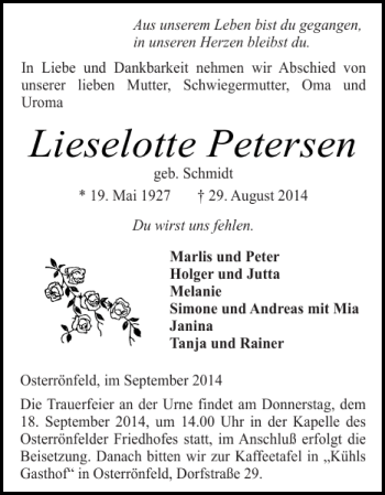 Traueranzeige von Lieselotte Petersen von Landeszeitung
