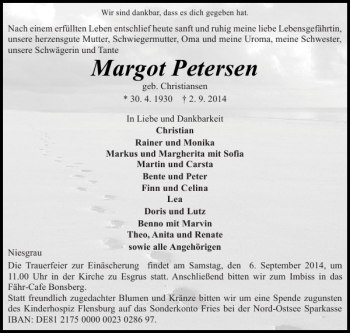Traueranzeige von Margot Petersen von Flensburger Tageblatt