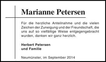 Traueranzeige von Marianne Petersen von Holsteinischer Courier