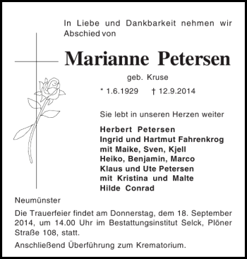Traueranzeige von Marianne Petersen von Holsteinischer Courier