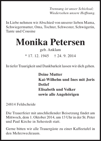 Traueranzeige von Monika Petersen von Landeszeitung
