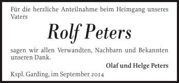 Traueranzeige von Rolf Peters von Husumer Nachrichten