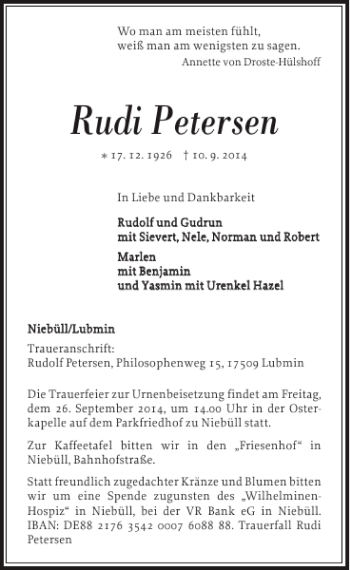 Traueranzeige von Rudi Petersen von Nordfriesland Tageblatt