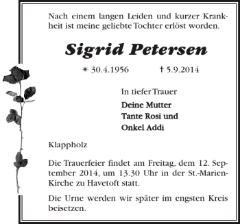 Traueranzeige von Sigrid Petersen von Schleswiger Nachrichten