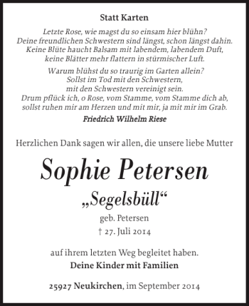 Traueranzeige von Sophie Petersen von Nordfriesland Tageblatt