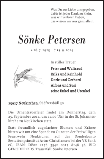 Traueranzeige von Sönke Petersen von Nordfriesland Tageblatt