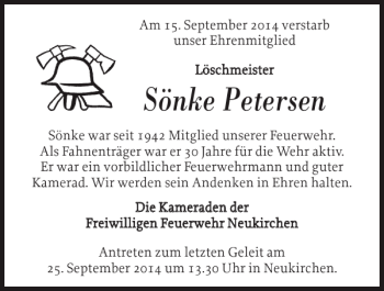 Traueranzeige von Sönke Petersen von Nordfriesland Tageblatt