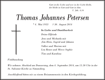 Traueranzeige von Thomas Johannes Petersen von Husumer Nachrichten