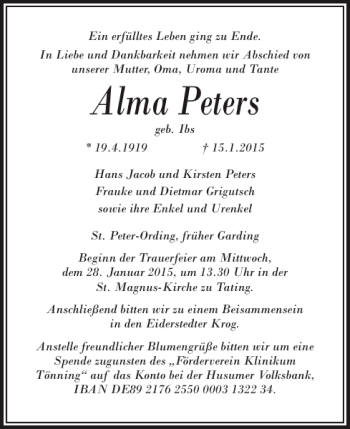 Traueranzeige von Alma Peters von Husumer Nachrichten